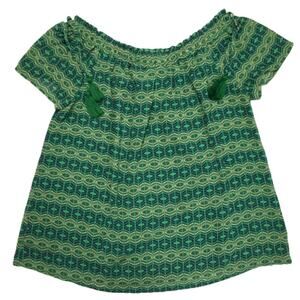 Skies Are Blue Peasant Blouse‎ Boho Green Print Short Sleeve Tassel Women's M